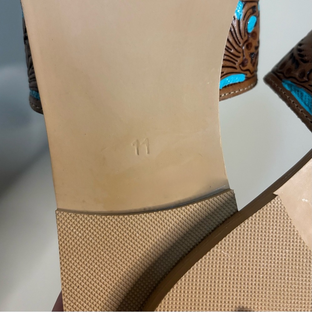 Women's Myra Hand Tooled Leather Turquoise and Brown Sandals Slides Size 11 - Picture 6 of 7